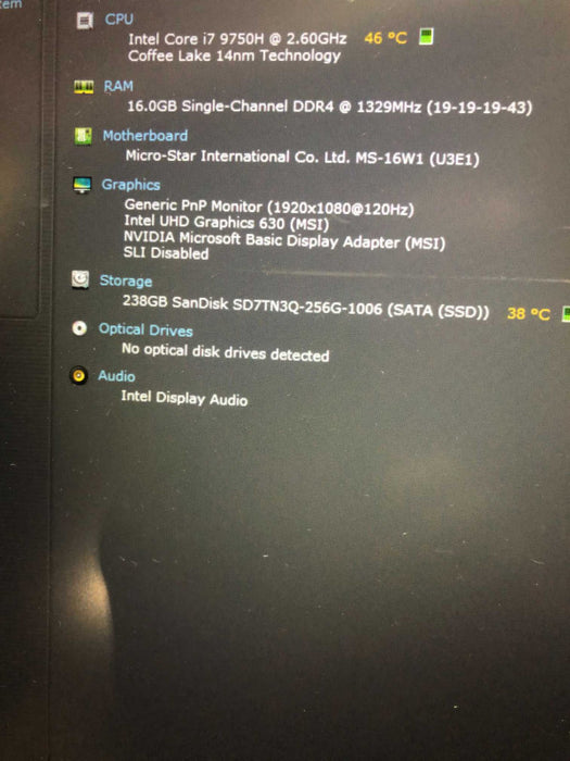 MSI GF65 Thin 9SEXR intel i7-9750H @ 2.60GHz / 16GB Ram / 256GB m.2 ssd.