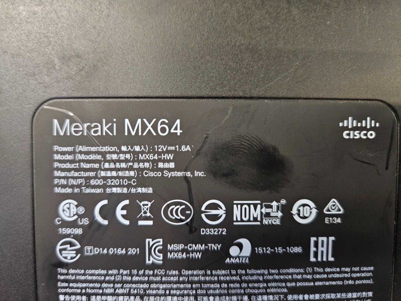 Cisco Meraki MX64-HW Cloud Managed Firewall **CLAIMED** )