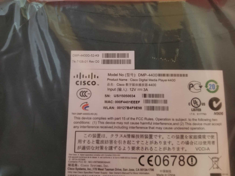 Cisco DMP-4400G-52-K9 4310G Digital Media Player Digital Multimedia Receiver _