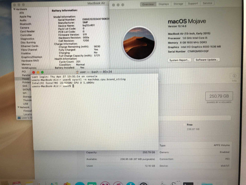 MacBook Air 2015 (A1466) i5-5250U, 8GB DDR3, 250GB SSD Q