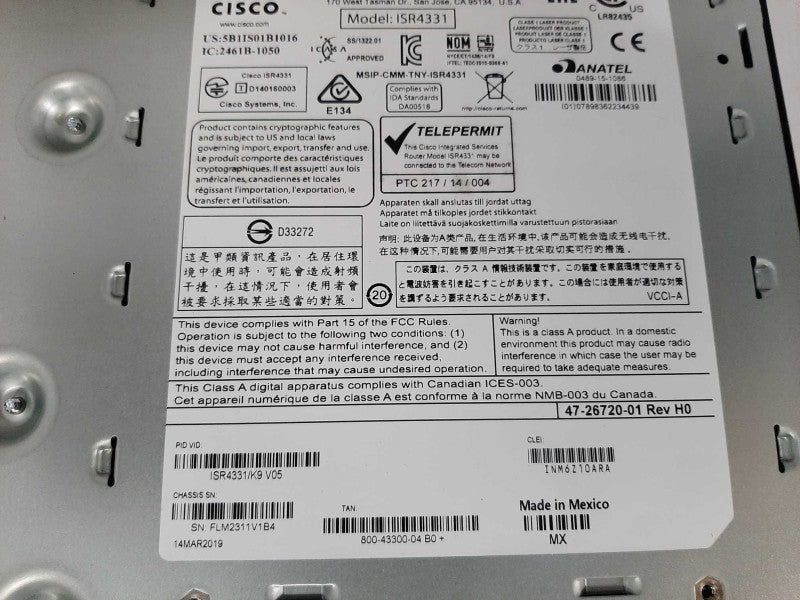 Open-Box Cisco ISR4331/K9 Integrated Services Router w/ Rack mount Ears _