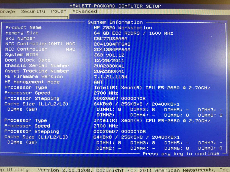 HP Z820 Workstation 2x E5-2680 64GB ECC DDR3 QUADRO 5000 256GB SSD 500GB HDD Q$