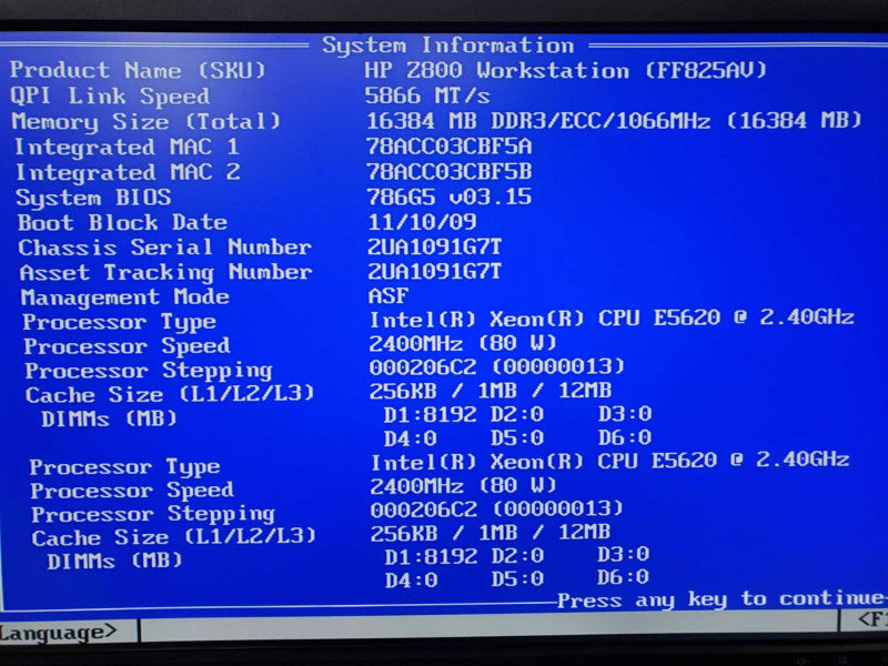 HP z800 Workstation 2x Xeon E5620 @ 2.4GHz 16GB DDR3 4x 3.5\\" No HDD (