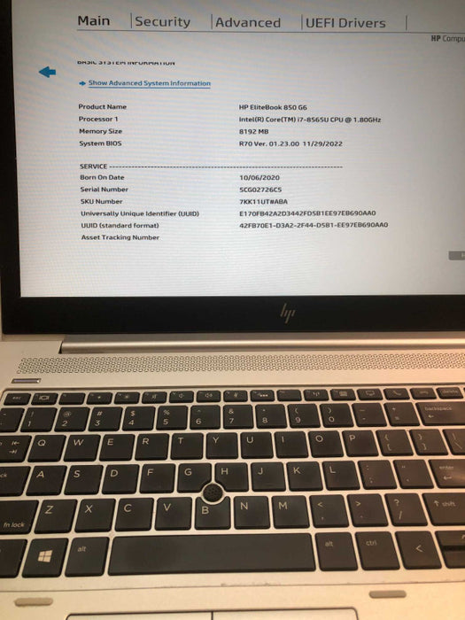 HP EliteBook 850 G6 Intel i7-8565U @ 1.80GHz / 8GB Ram / 256GB m.2 ssd