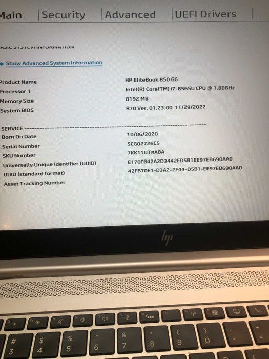 HP EliteBook 850 G6 Intel i7-8565U @ 1.80GHz / 8GB Ram / 256GB m.2 ssd