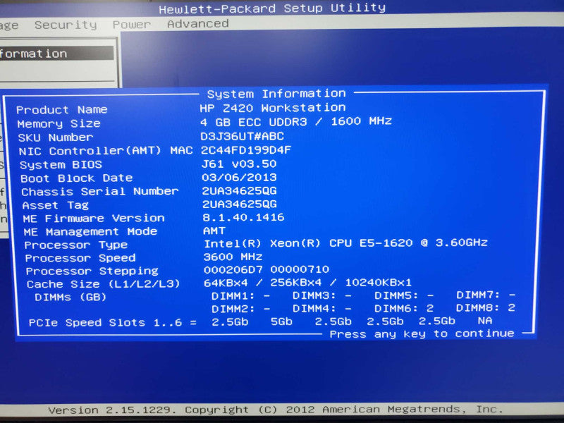 HP Z420 Workstation Xeon E5-1620 @ 3.6GHz 4GB DDR3 No HDD (