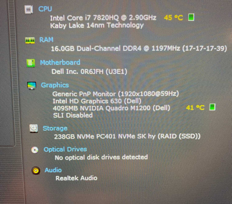 DELL Precision 5520 Laptop i7-7820HQ NVIDIA Quadro M1200 4GB 16GB RAM 256SSD Q