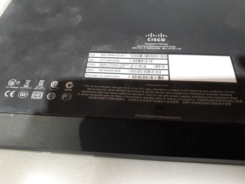 Cisco 800-36554-03 A0+ TelePresence SX20 Codec Video Conference System  &