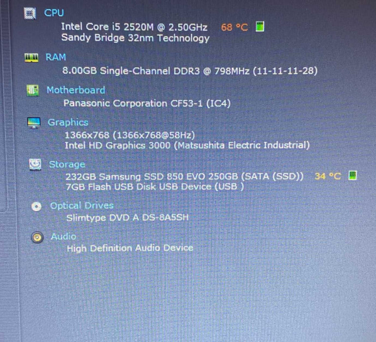 Panasonic Toughbook CF-53 Intel Core i5-2520M 8GB RAM 250 GB SSD