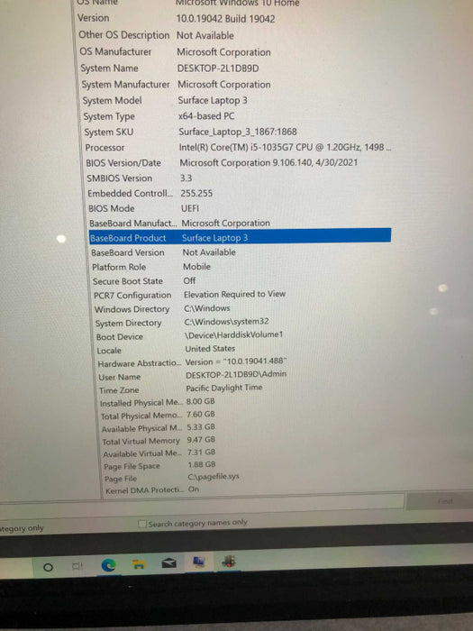 Microsoft Surface laptop 3 intel i5-1035G7 @ 1.20GHz / 8GB Ram / 128GB ssd
