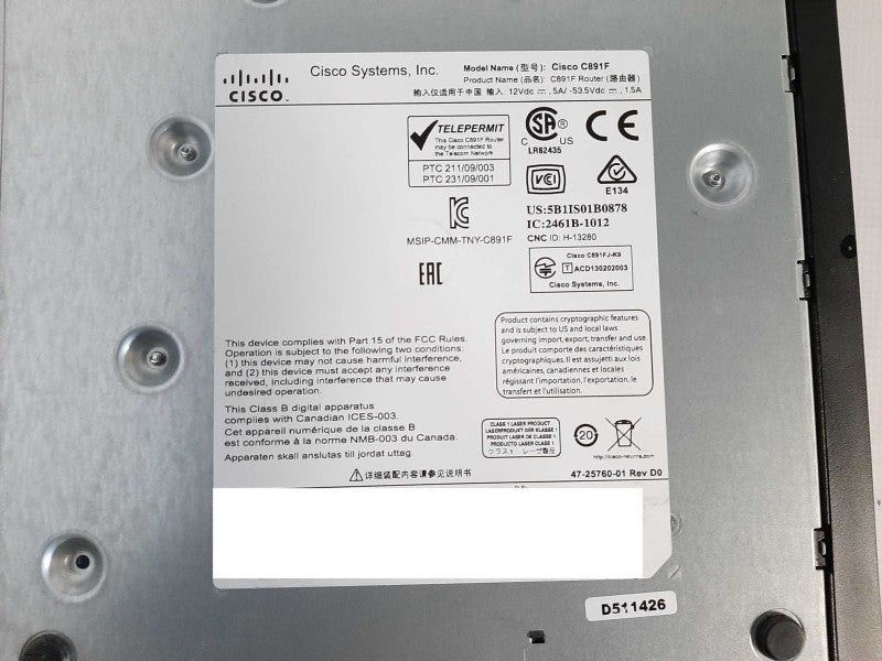 CISCO 800 SERIES C891F INTEGRATED SERVICES ROUTER C891F-K9 No AC $