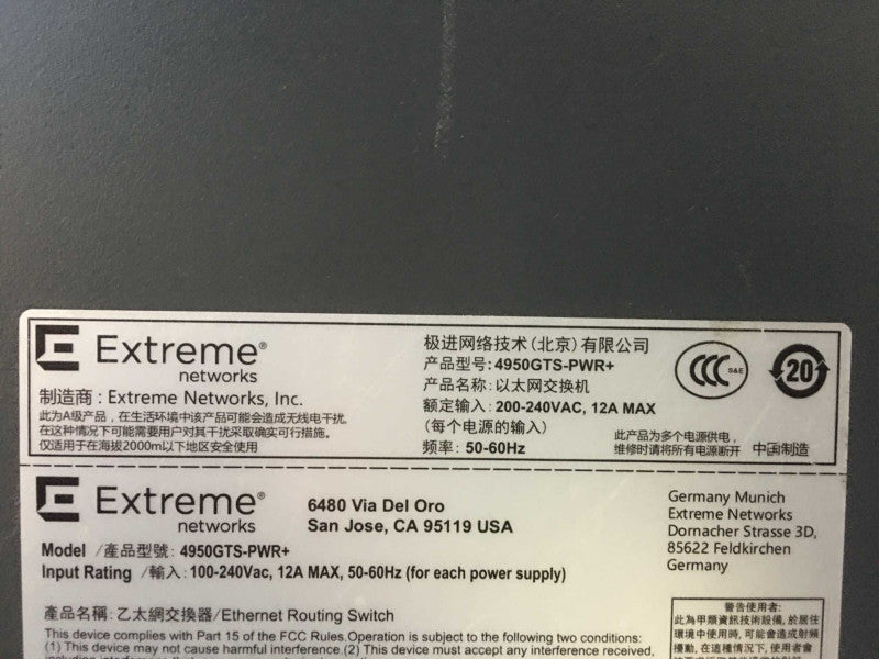 Extreme/Avaya 4950GTS-PWR+ 48 Port Managed Switch 4950GTS-PWR+ 2x PSU