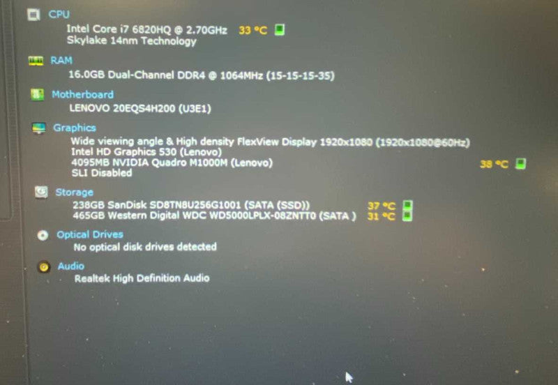 Lenovo ThinkPad P50 i7-6820HQ NVIDIA Quadro M1000M 4GB 16 GB RAM 256 GB SSD