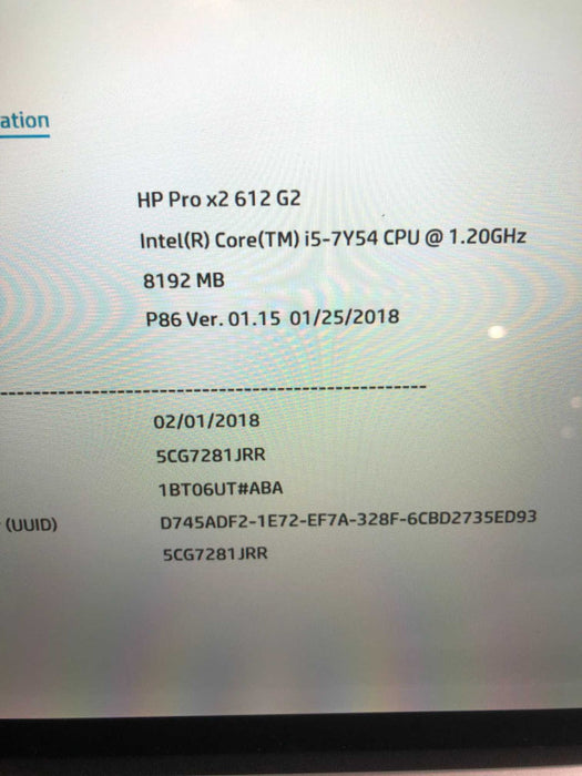 HP Pro X2 612 G2  INTEL I5-7y54 @ 1.2GHz / 8GB Ram / 128GB m.2