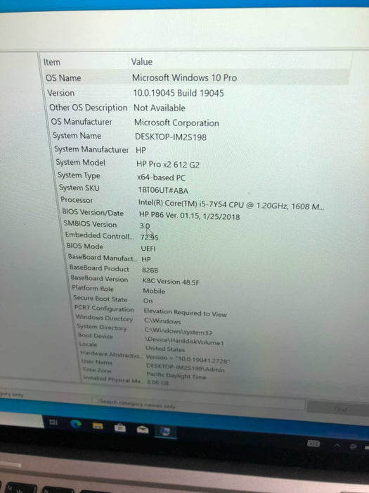 HP Pro X2 612 G2  INTEL I5-7y54 @ 1.2GHz / 8GB Ram / 128GB m.2