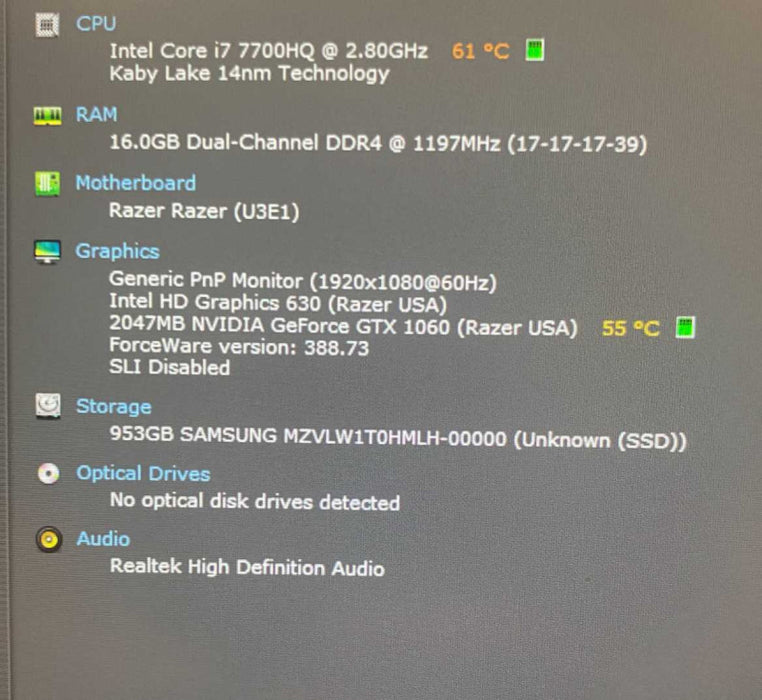RAZER BLADE RZ09 Laptop i7-7700HQ NVIDIA GeForce GTX1060 2GB 16GB RAM 1TB SSD