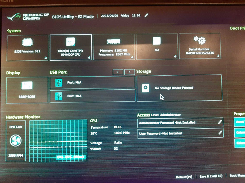 Asus Gaming Desktop i5-9400F 8GB DDR4 K2000 GPU No HDD $