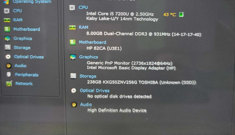 HP Elite X2 i5-7200U @ 2.5GHz, 8GB DDR3, 256GB M.2 Q