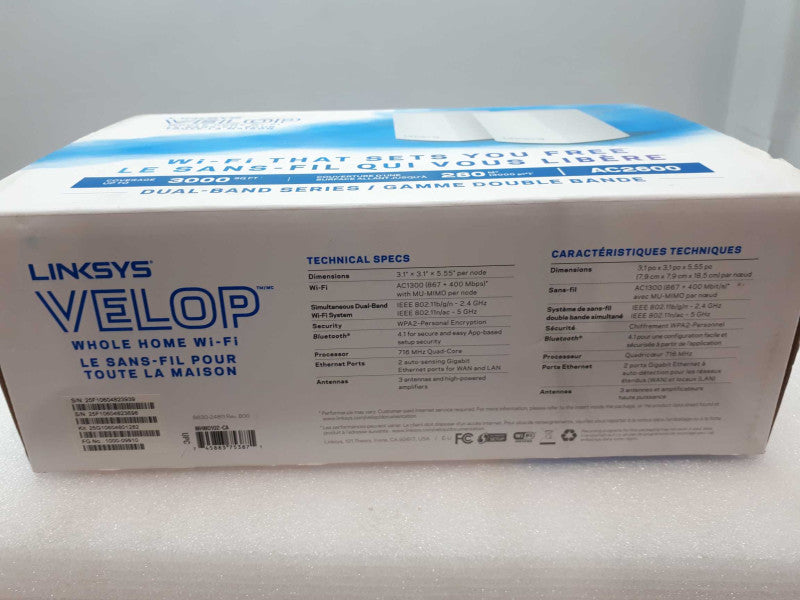 LINKSYS VELOP AC2600 - WHOLE HOME WI-FI MESH ROUTER SYSTEM - 3000 SQ FT COVER &