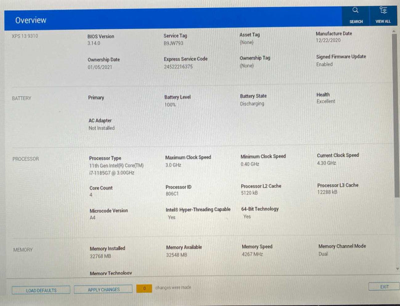 DELL XPS Laptop 13 9310  Intel i7-1185G7 @ 3GHz 32 GB RAM 512 GB NVME storage