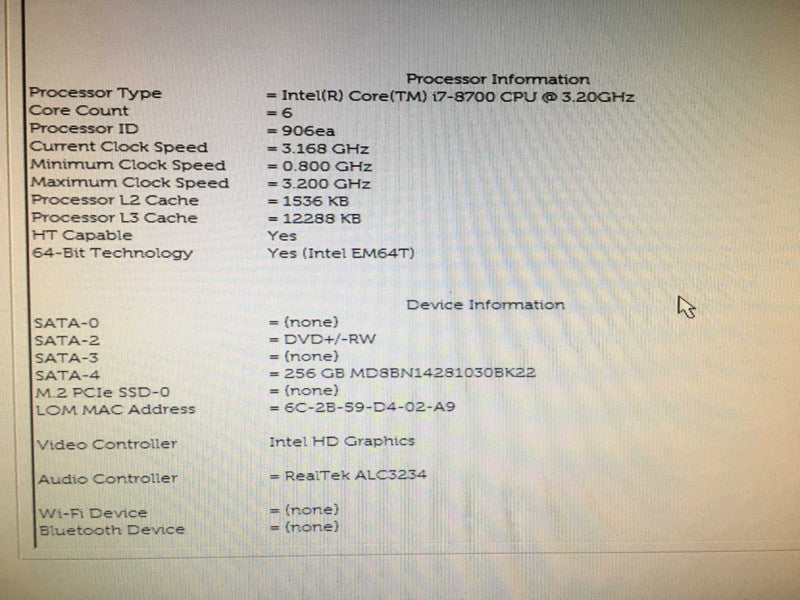 Dell Optiplex 5060 Intel Core i7-8700 CPU @ 3.2GHz 8 Gb RAM DDR4, 256 GB SSD