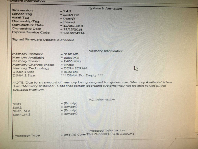 Dell Optiplex 3060 Intel Core i5-8500 CPU @ 3.0GHz 8 Gb RAM DDR4, NO HDD