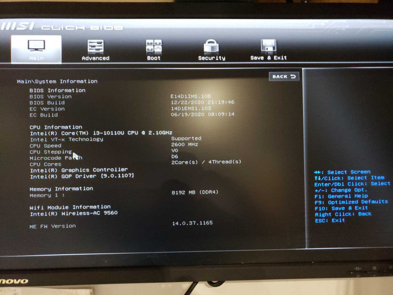 MSI MS-14D1 intel i3-10110U @ 2.10GHz / 8GB Ram / No HDD