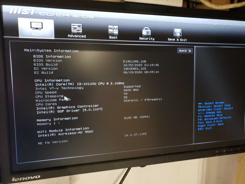 MSI MS-14D1 intel i3-10110U @ 2.10GHz / 8GB Ram / No HDD