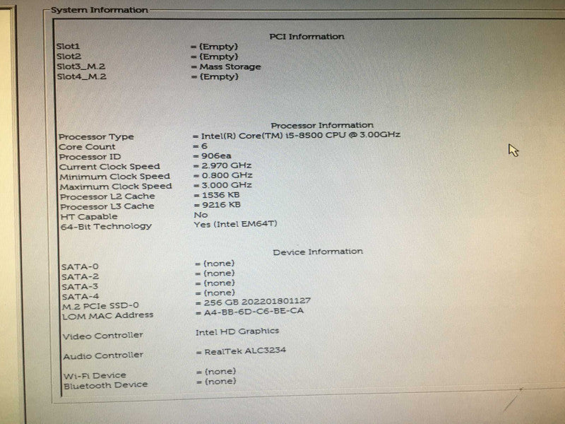 Dell OptiPlex 7070 Intel Core i5-8500 CPU @ 3.00GHz 8 GB RAM DDR4, 256 GB SSD