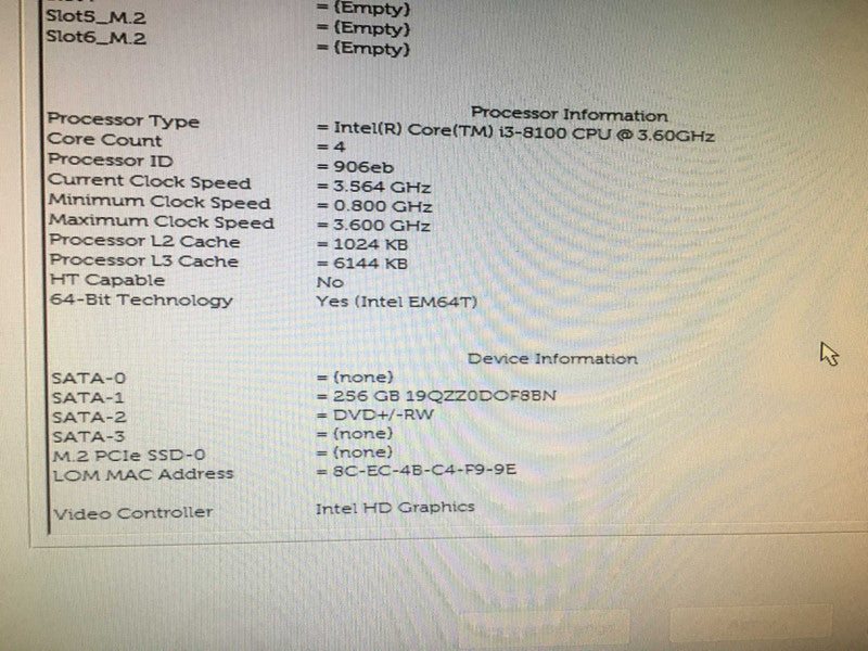 Dell Optiplex 3060 Intel Core i3-8100 CPU @ 3.6GHz 16Gb RAM DDR4, 256SSD