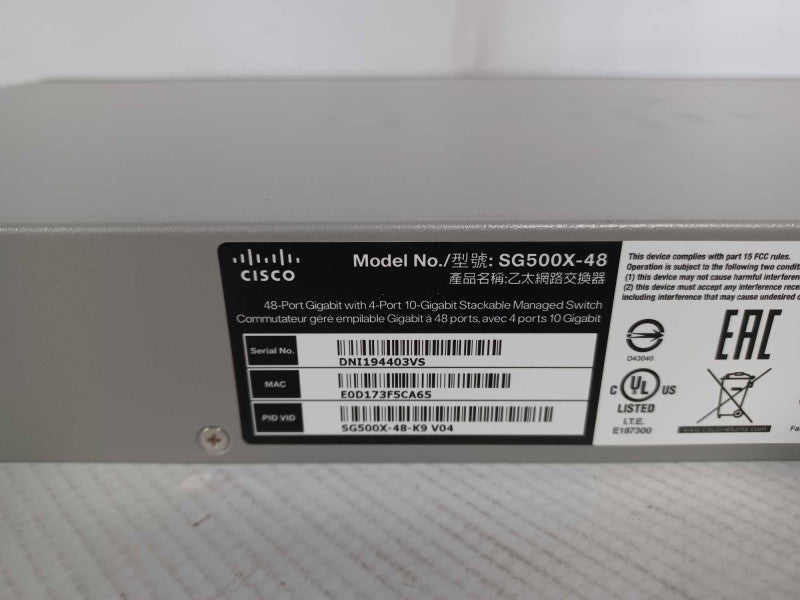 Cisco SG500X-48-K9 V04 48 Port Gigabit Stackable Managed Network Switch _