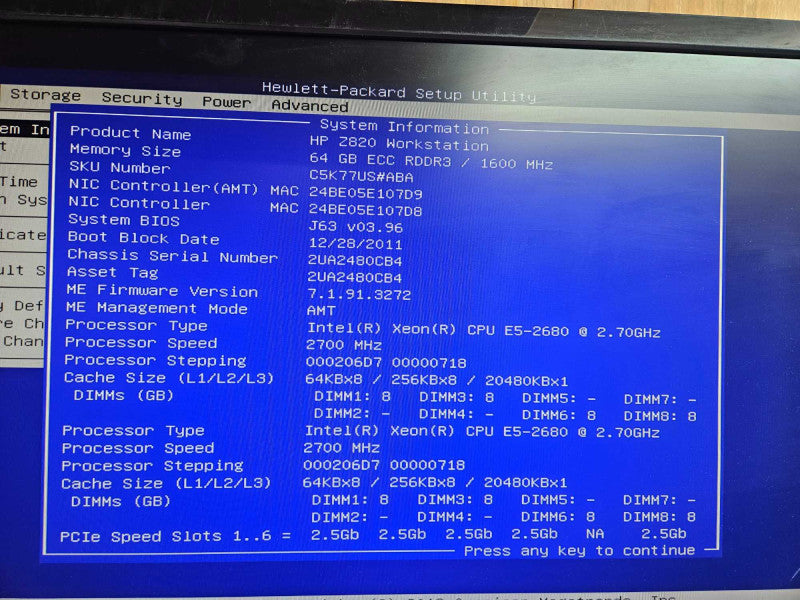 HP Z820 Workstation 2x Xeon E5-2680 @ 2.70GHz 64GB RAM Quadro 5000 GPU