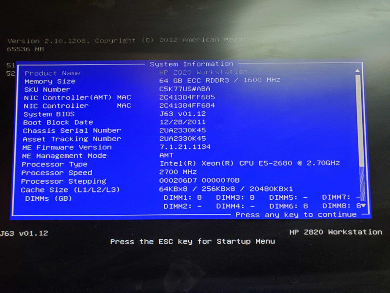 HP z820 2x Xeon E5-2680 @ 2.7GHz 64GB DDR3 4x 3.5\\" No HDD Quadro 5000 (