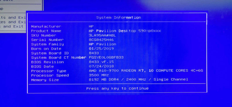 HP Pavilion Desktop A10-9700 CPU 8GB DDR4 RAM NO HDD @