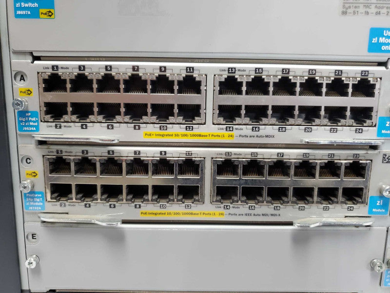 HP E5406 Switch J8697A w/ 1xJ9534A, 3x J8702A, 1xJ9536A, 2xPSU |