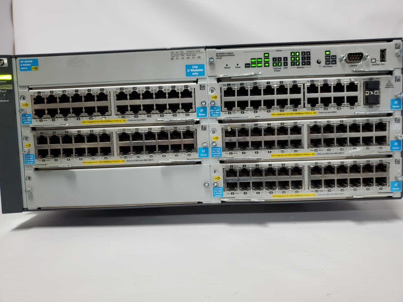 HP E5406 Switch J8697A w/ 1xJ9534A, 3x J8702A, 1xJ9536A, 2xPSU |