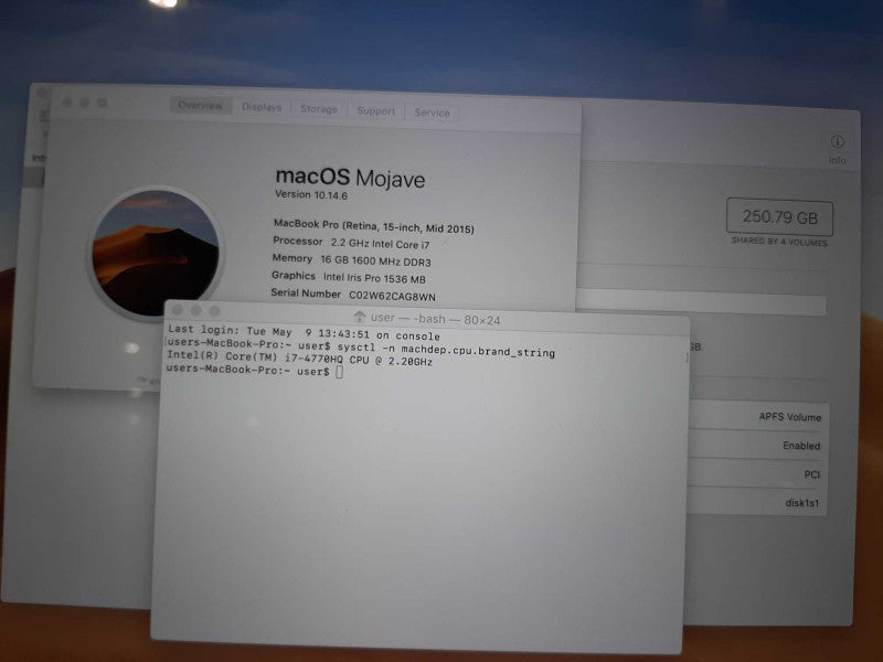 MacBook Pro 15 Retina Mid 2015 with Intel i7 CPU 2.2GHz 16GB RAM & 256GB