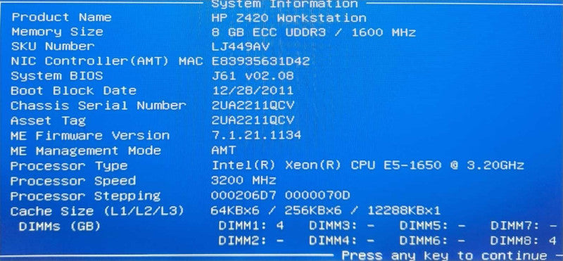 HP Z420 Workstation Xeon E5-1650 @ 3.20GHz 8GB RAM Quadro 2000 GPU )