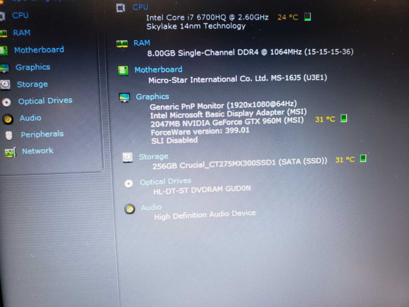 MSI GP62 6QF leopard Pro intel i7-6700HQ @ 2.60ghz / 8GB Ram / 275GB SSD