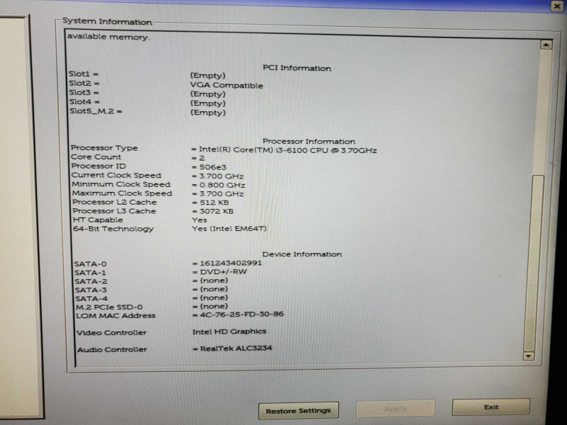 Dell Optiplex 7040 Core i3-6100 @ 3.7GHz 16GB DDR4 No HDD (