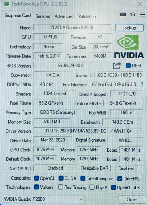 Nvidia Quadro P2000 5GB GDDR5 PCI-Express 4 Display Port GPU Graphics Card Op =