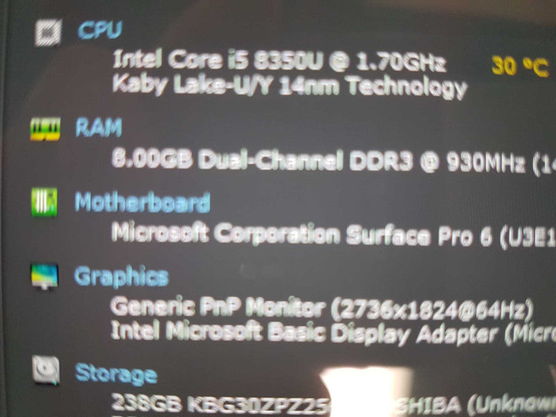 Windows Surface Tablet Pro 6 I5-8350U @ 1.70ghz / 8GB Ram / READ #