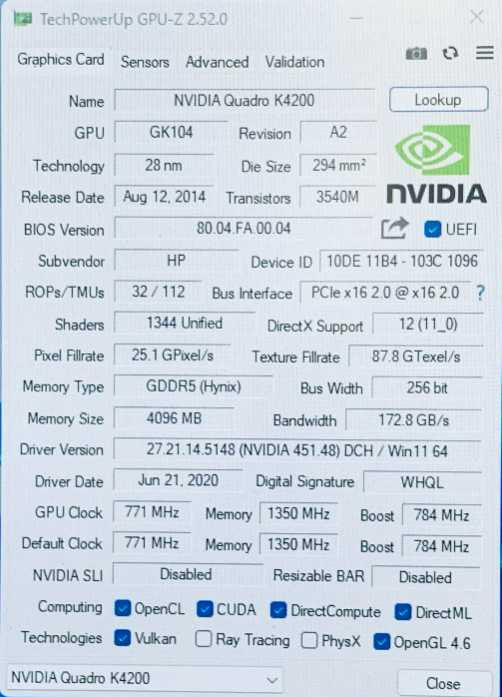 HP NVidia Quadro K4200 4GB GDDR5 256-Bit PCI-E 2.0 x16 Graphics Card 765149 =