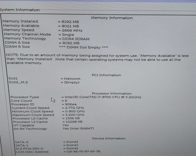 Dell Optiplex 7460 AIO Intel i7-8700 CPU @3.20GHz 8GB RAM