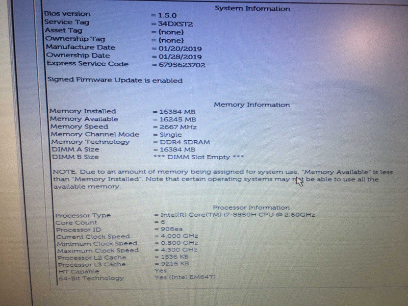Dell Latitude 5491 intel i7-8850H @ 2.6GHz / 16GB Ram / 256GB M.2