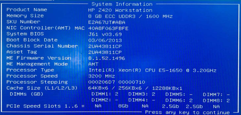 HP Z420 - E5-1650@3.20GHz 6C, 8GB DDR3, FirePro W7000 =