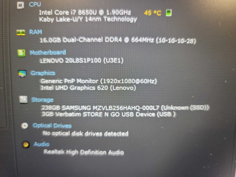 Lenovo ThinkPad T480s Core i7-8650U @ 1.9GHz 16GB DDR4 250GB SSD