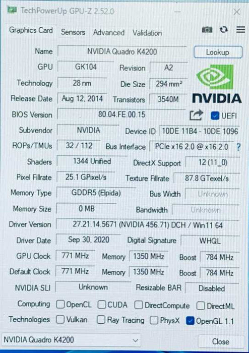 NVIDIA Quadro K4200 Graphics Card, 2x Display and 1x DVI Q =