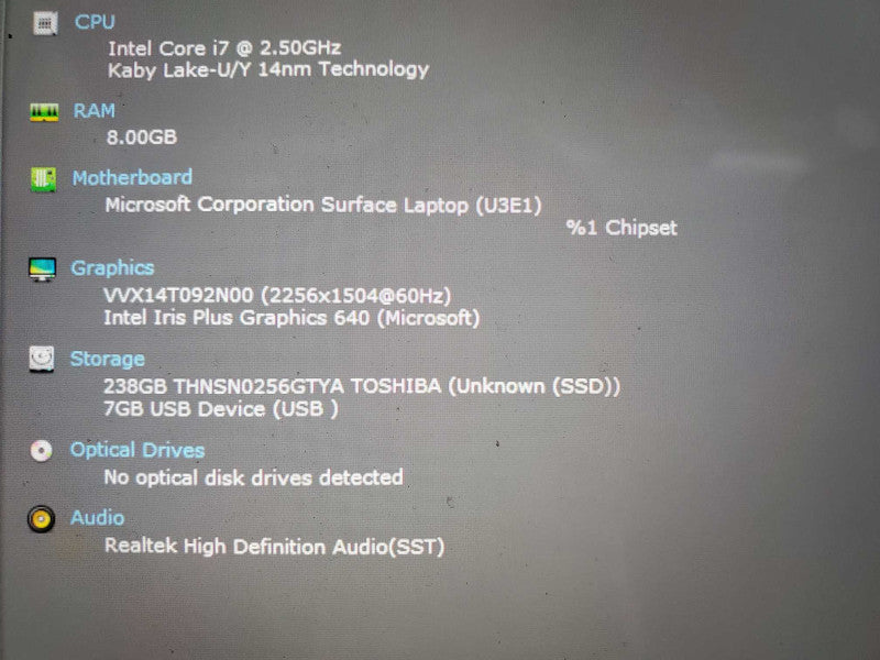 Microsoft Windows Surface 1769 i7-7660U @ 2.50ghz 8GB DDR3 256GB SSD (