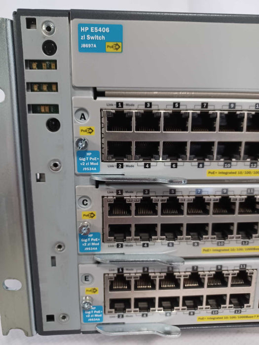 HP E5406 J8697A zl Switch w/ 5x J9534A, 1x J9535A zl modules and 2x PSU _